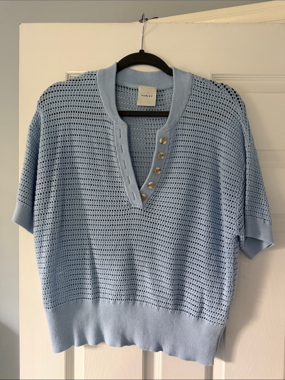 Varley Powder Blue Open-Knit V-Neck Short Sleeve Sweater